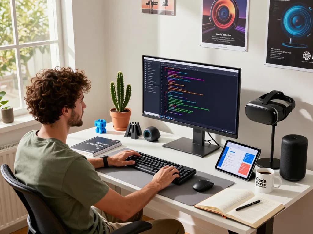 Image to prompt showcasing a developer's innovative workspace, featuring coding screens and tech gadgets.