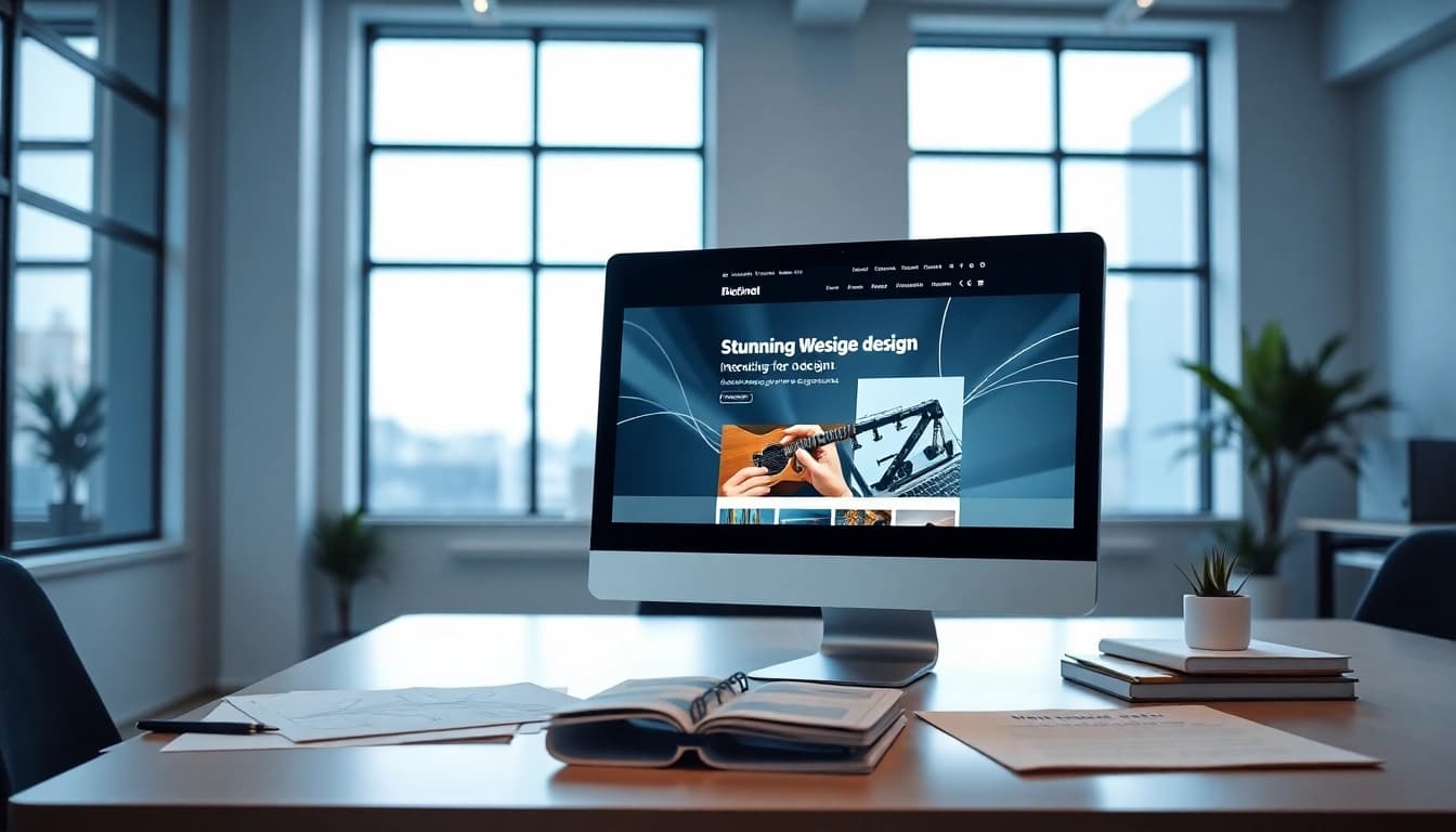Professional computer screen showcasing thiết kế website theo yêu cầu in a modern office setting.
