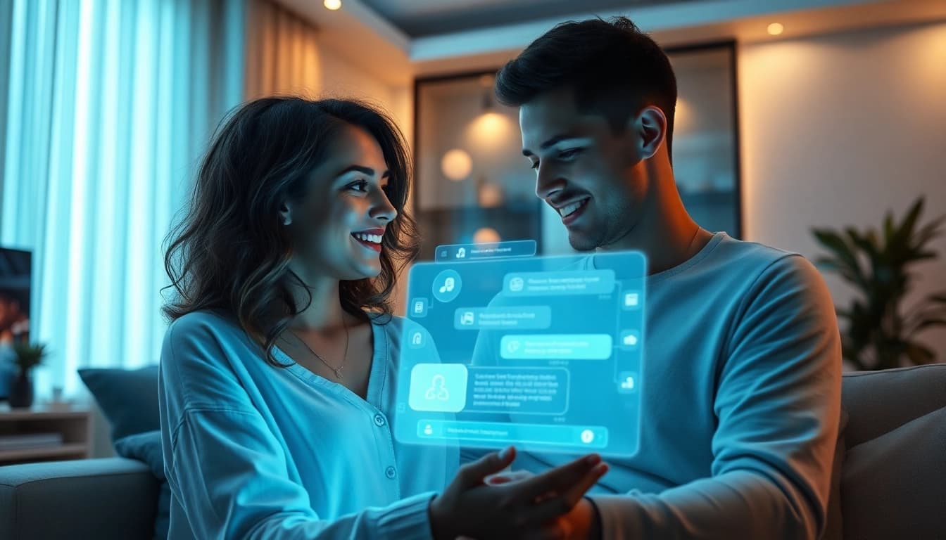 Couple interacting with sex AI in a modern, intimate living space, showcasing technology and warmth.