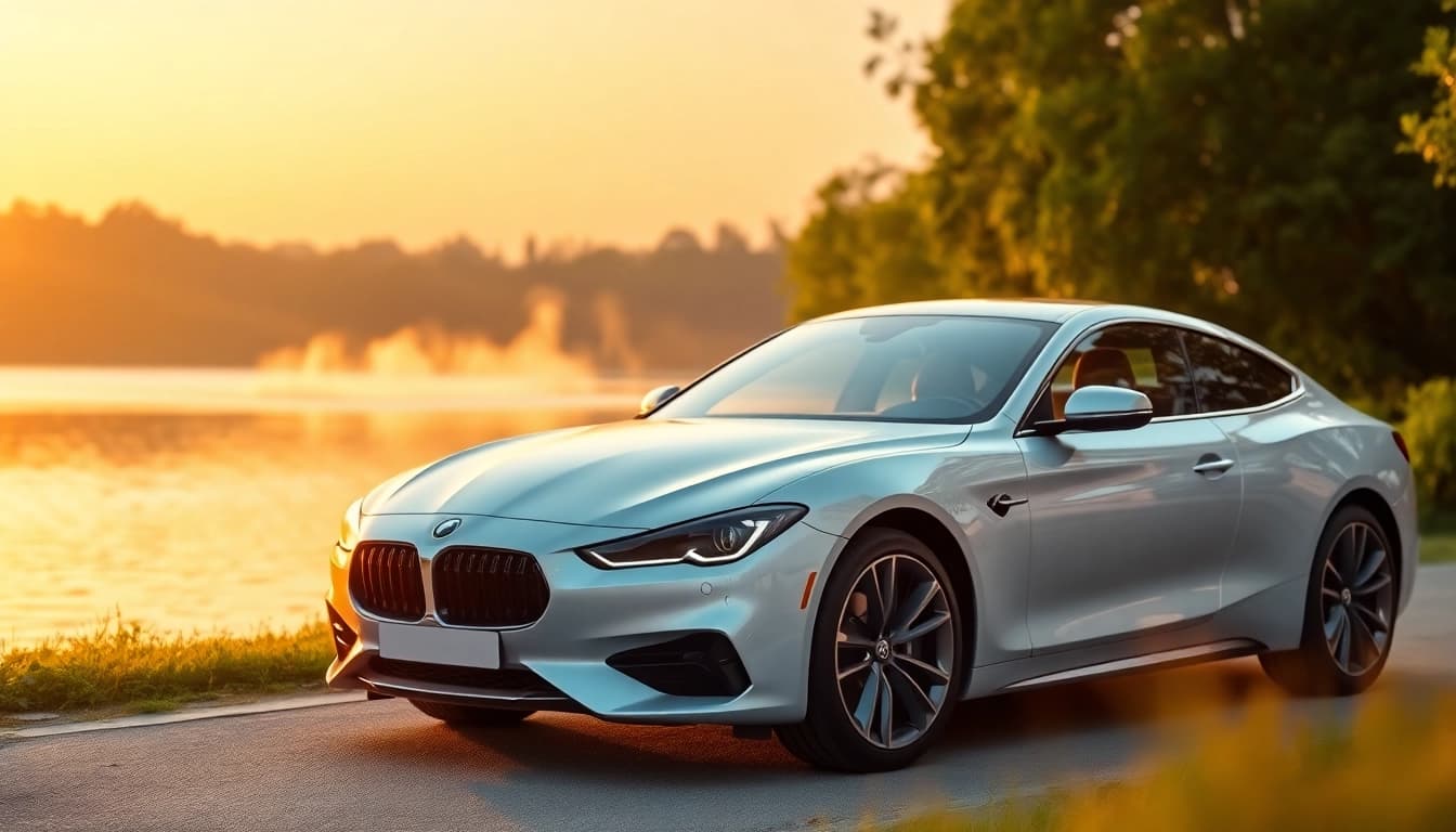 Luxury Swan Cars parked by a stunning lakeside at sunset, showcasing elegance and tranquility.