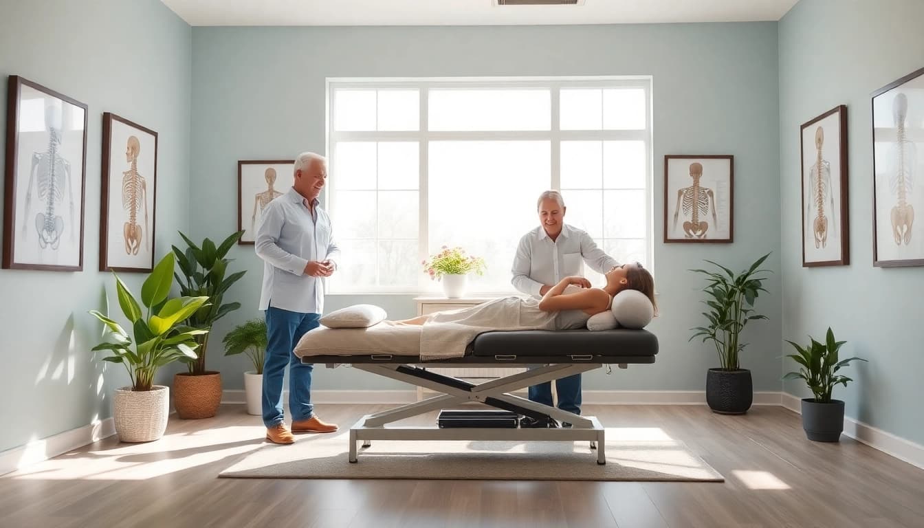 A chiropractor near me warmly engaging with a patient in a cozy, bright chiropractic office.
