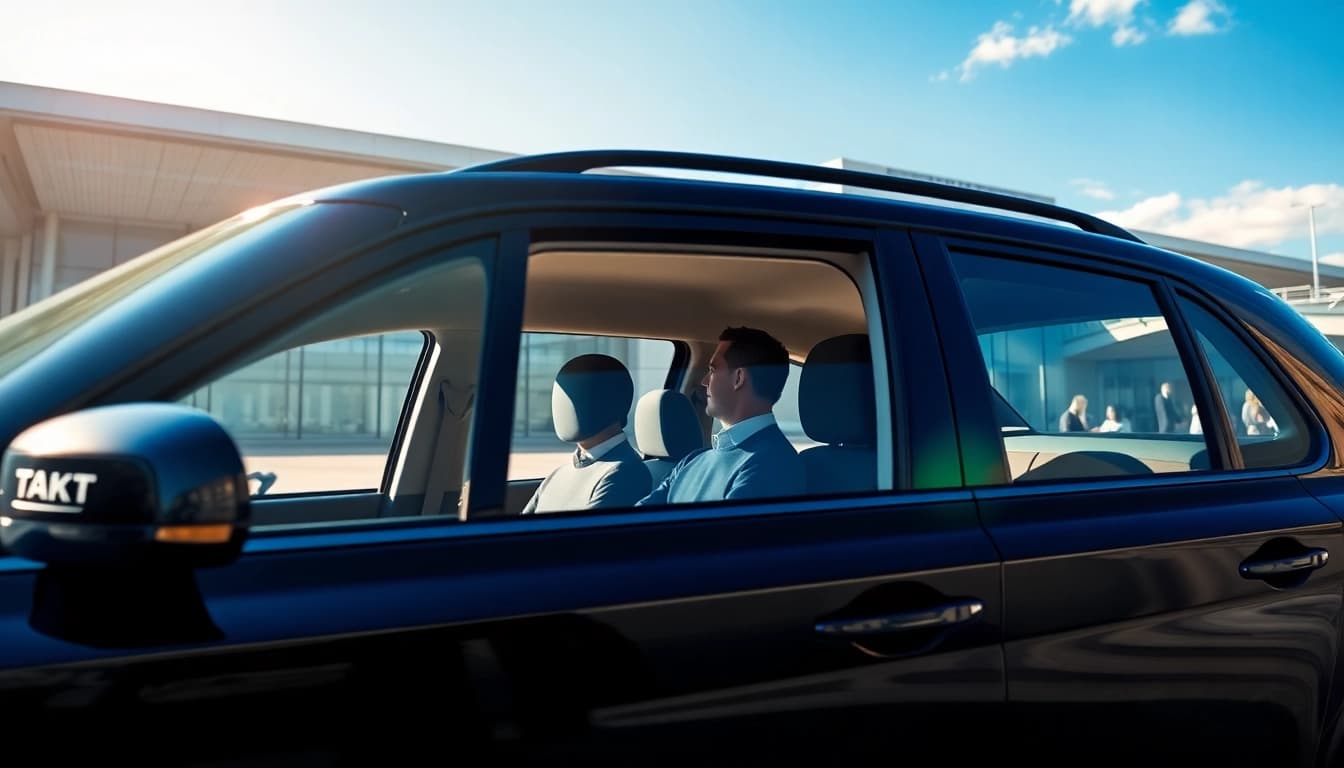 Heathrow airport transfer with a sleek taxi ready for passengers at the terminal.