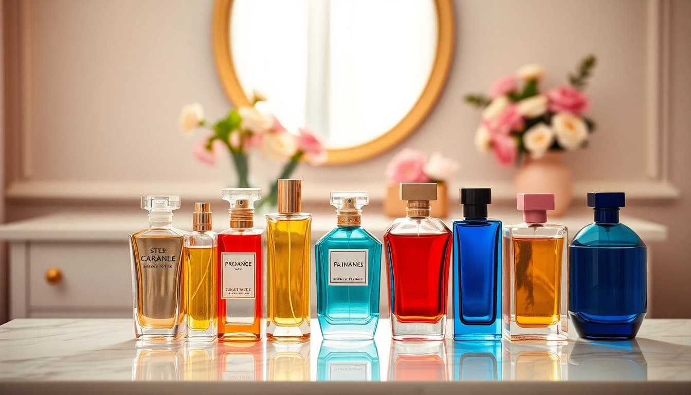 Highlighting a selection of affordable bottles representing cheap perfume alternatives on a stylish vanity.