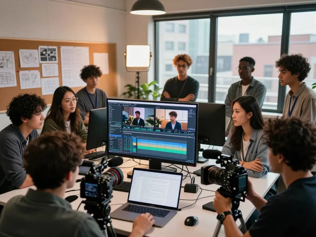 Video to prompt technology showcased in a professional video production studio with a creative team collaborating on video editing.