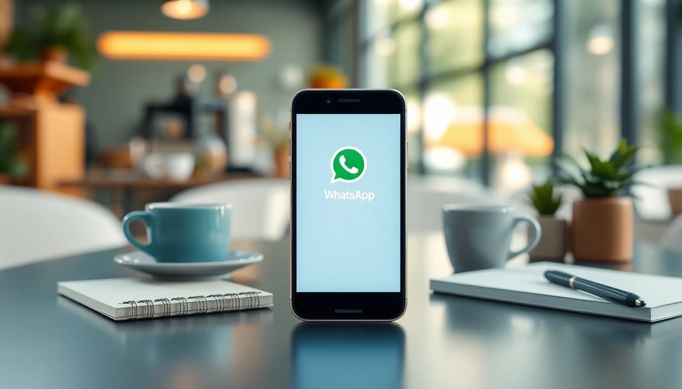 FM WhatsApp interface on a smartphone in a cozy café setting