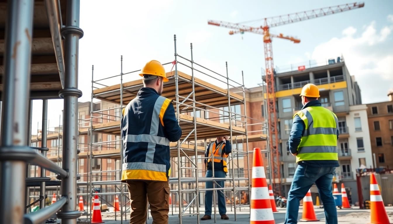 Expert team setting up caffolding Bolton at a construction site, emphasizing safety and precision.