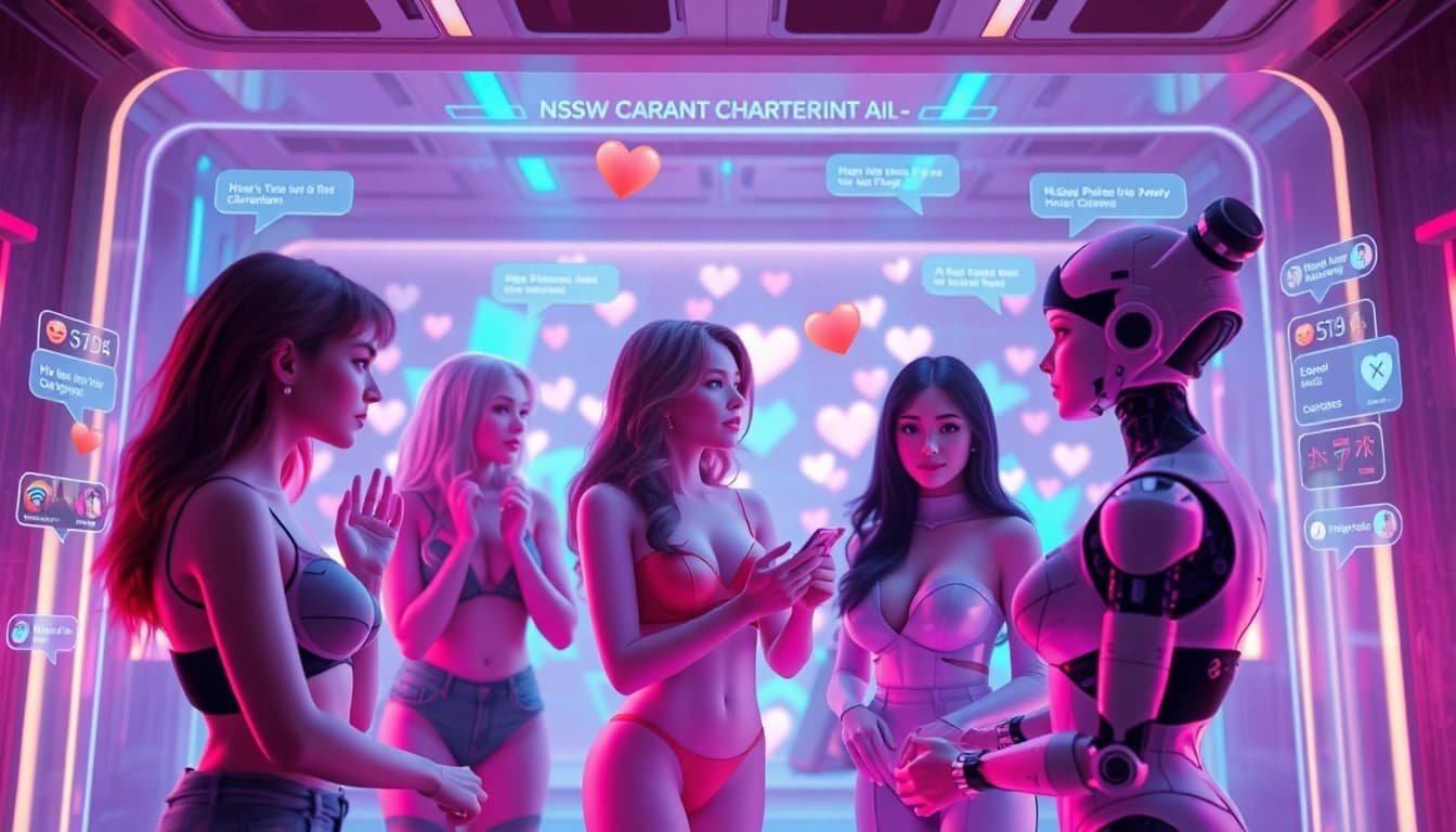 Engaging scene depicting NSFW character AI interaction, showcasing vibrant characters and digital dialogue, highlighting intimacy.