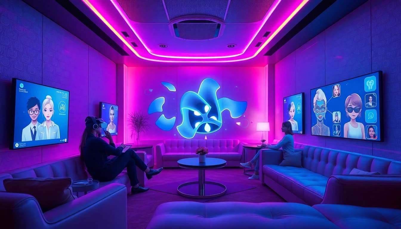 A vibrant digital lounge for ai sex chat, featuring intimate AI conversations with engaging character displays and a futuristic ambiance.