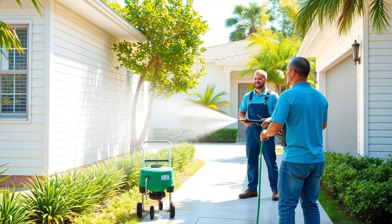 Soft wash technique being used on a residential home in Kissimmee, showing eco-friendly cleaning in action.