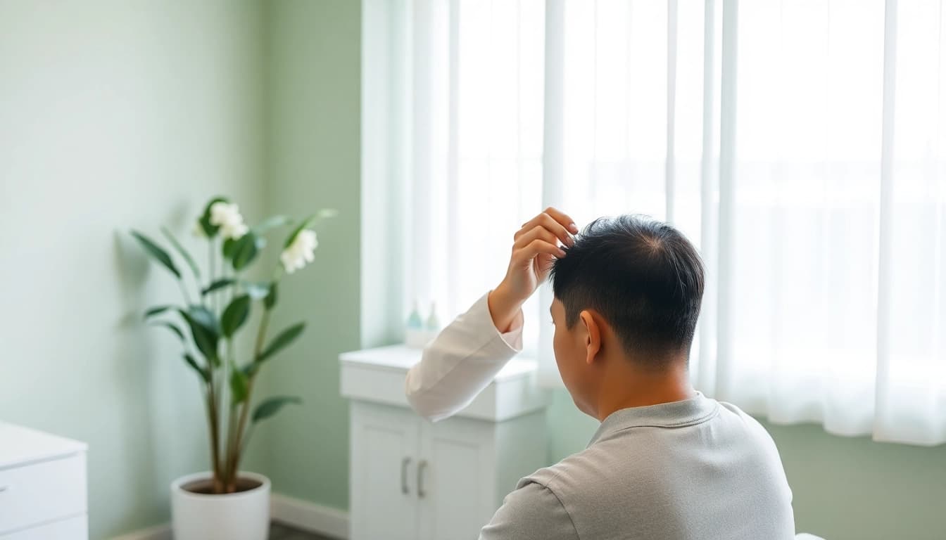 Examine patient scalp health for 東京植毛クリニック　口コミ in a serene consultation room.
