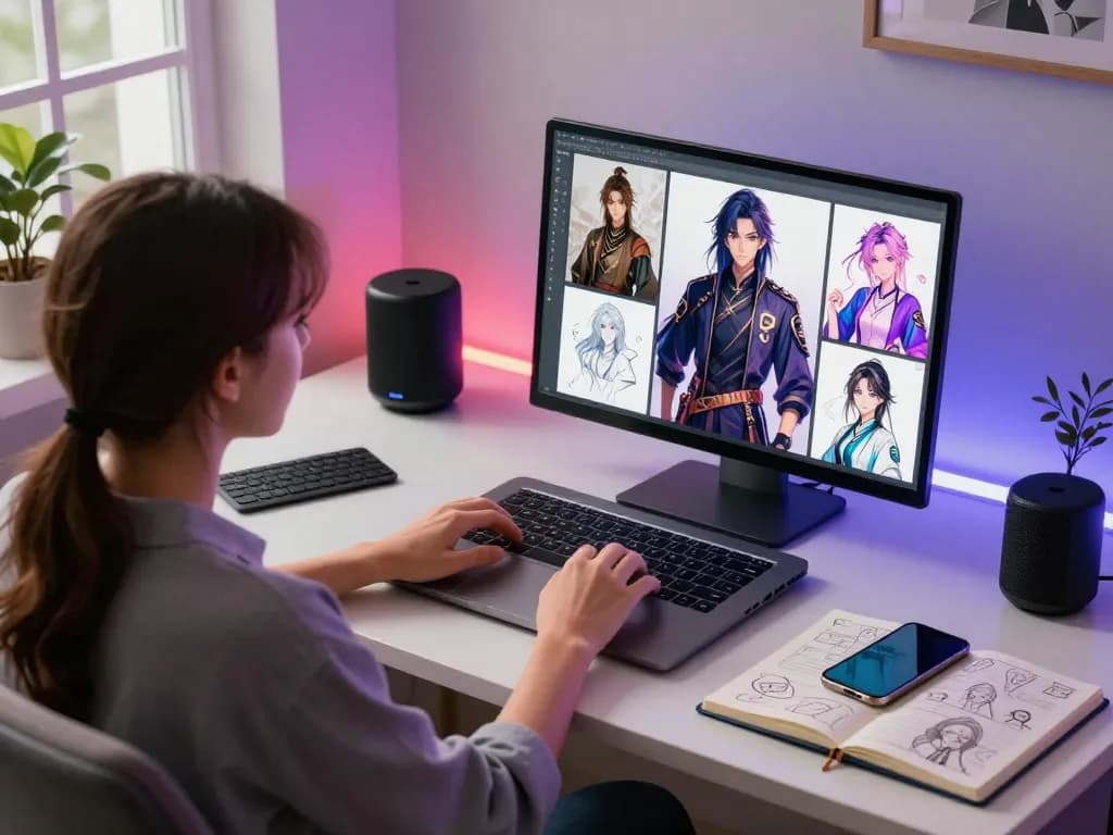 Engaging conversation with nsfw character ai on a modern laptop in a creative home office.