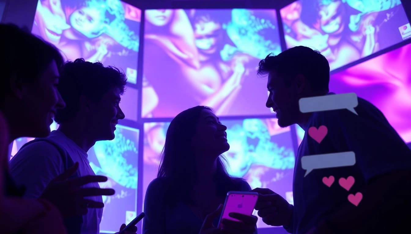 Engaging virtual scene of a lively porn chat atmosphere with glowing screens and playful participants.