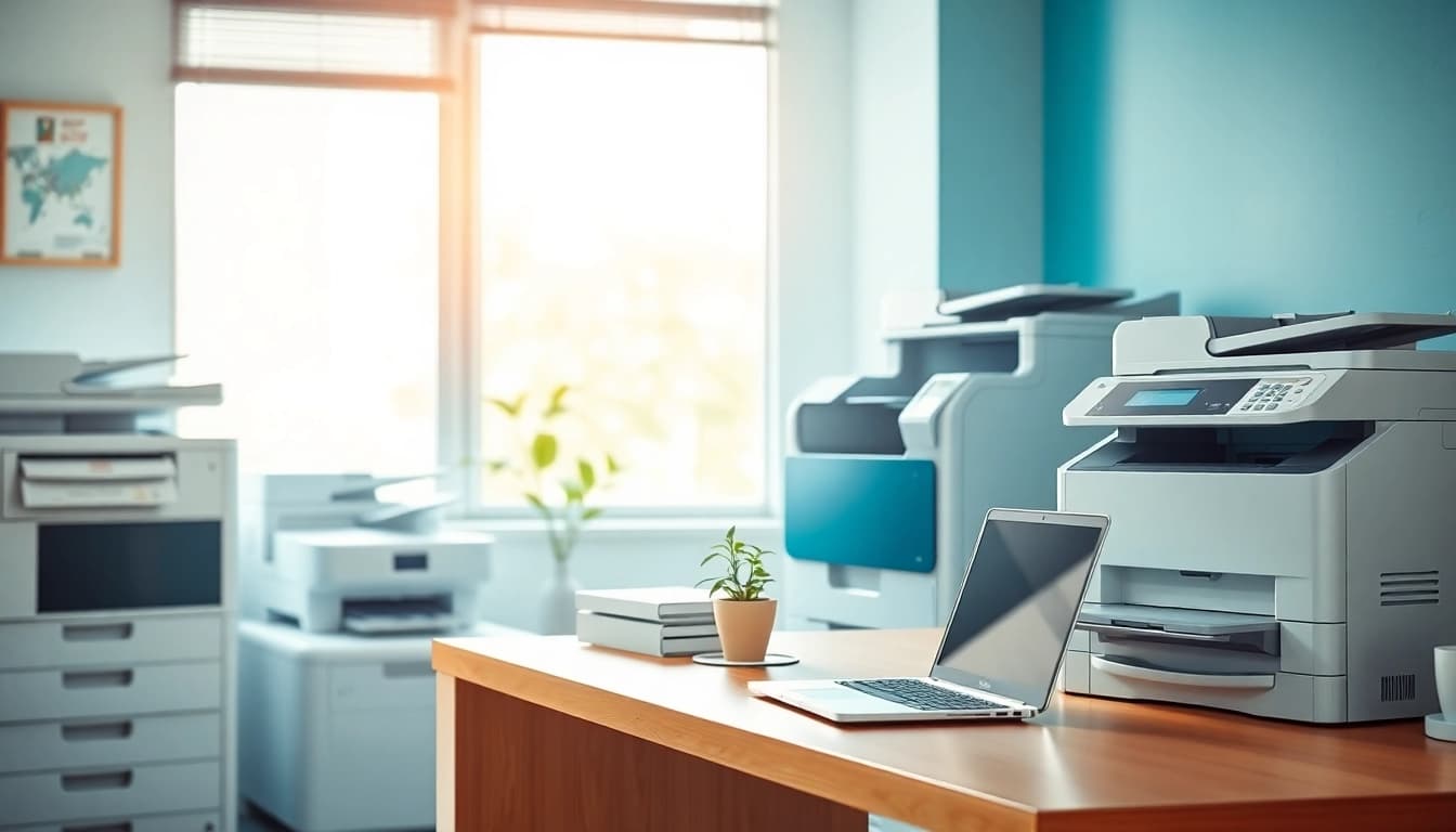 Showcase dynamic office machines enhancing productivity in a modern workspace.