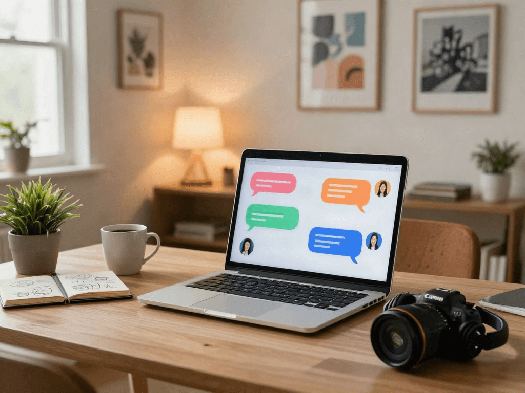 User enjoying porn ai chat on a laptop in a cozy modern workspace with colorful chat bubbles and ambient lighting.