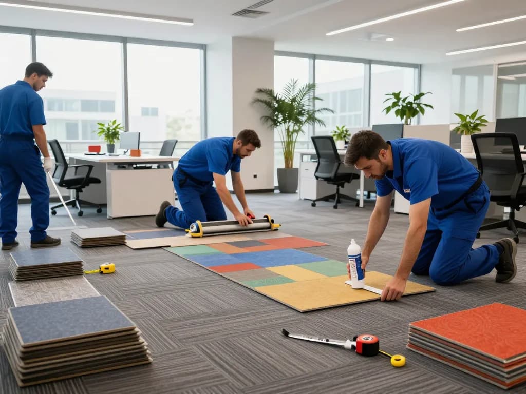 Commercial carpet installation in a modern office with professional installers laying carpet tiles.