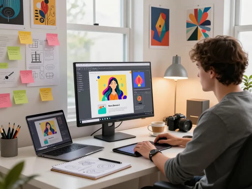 Designer showcasing vibrant AI-generated images from nano banana 2 in a modern workspace.