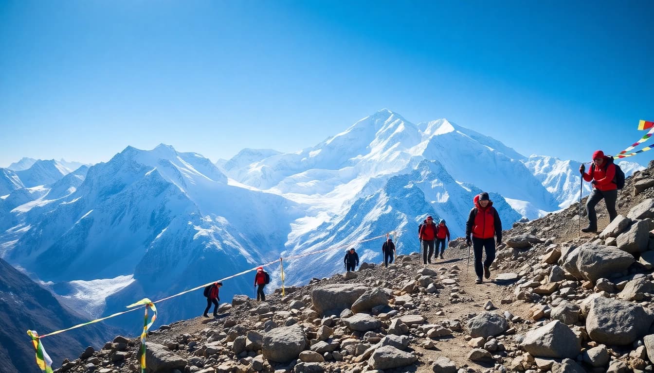 Everest Base Camp Trek with trekkers on scenic trails and Mt. Everest backdrop, showcasing adventure and natural beauty.