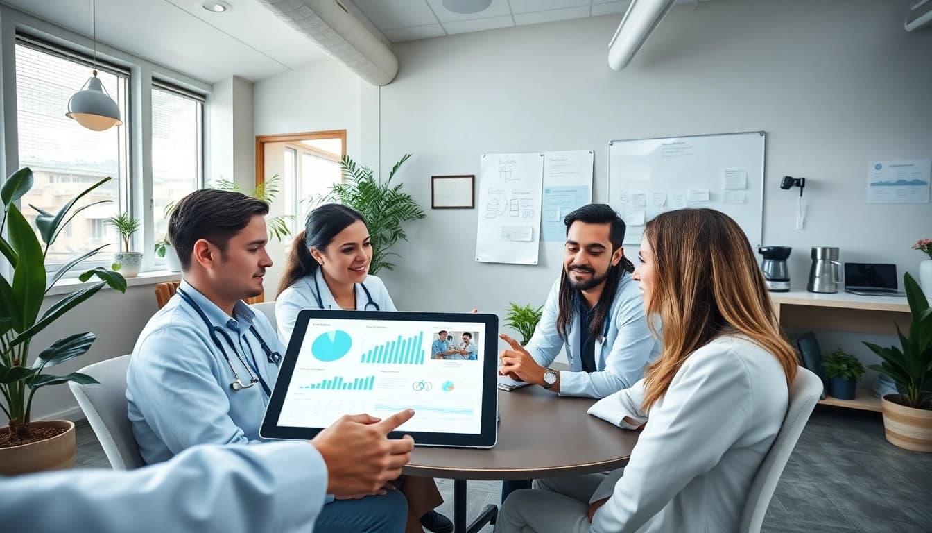 Modern healthcare workspace representing lifepp.click with professionals collaborating over digital health data.