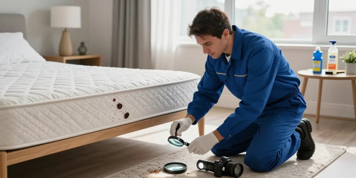 Expert inspecting for bed bugs in Milwaukee home, highlighting bed bug control solutions.