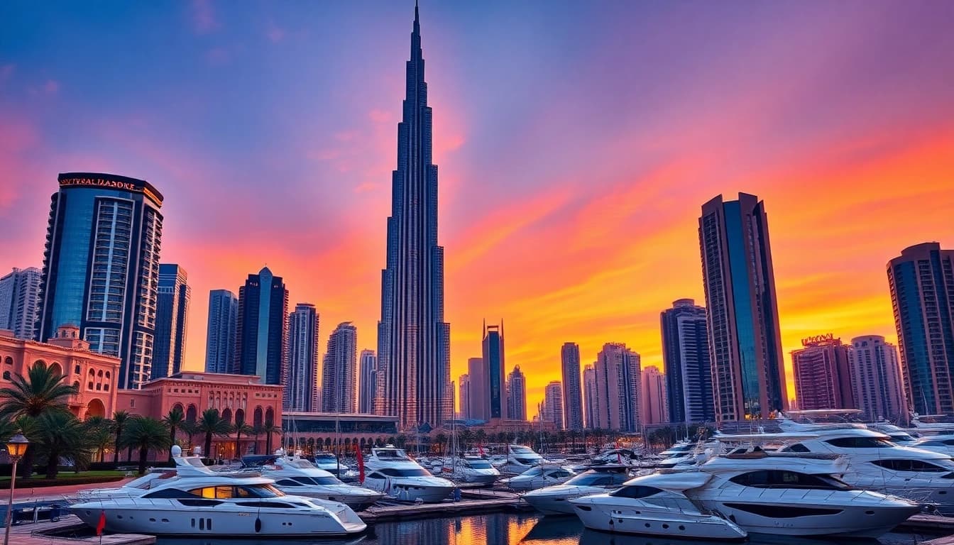 Explore the stunning skyline of Dubai as you plan your travel to Dubai adventure, showcasing Burj Khalifa and vibrant sunset colors.