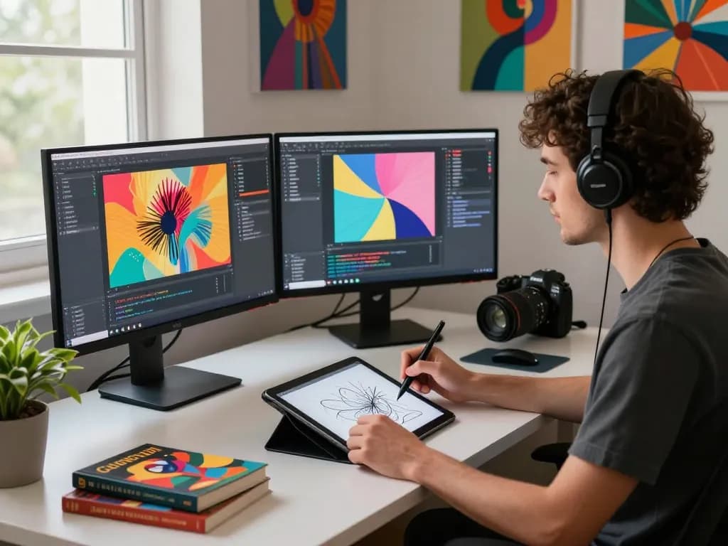 Artist generating an image to prompt in a vibrant digital studio.