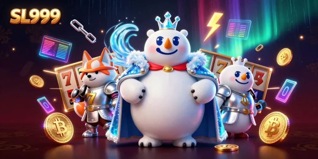 Spin the reels at SL999, featuring a regal ice king polar bear and snow fox companion in an enchanting casino scene.