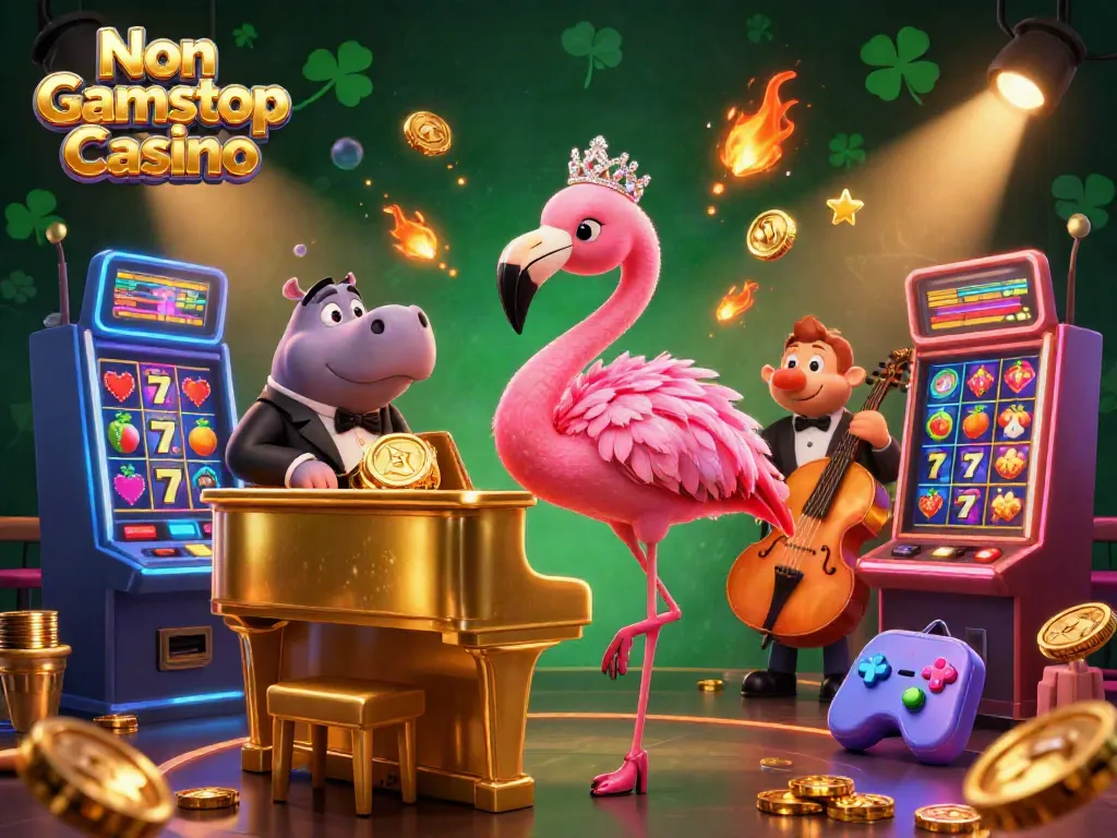 Gamble with flair at a Non Gamstop Casino featuring an energetic flamingo singer and jazzy hippo bassist.