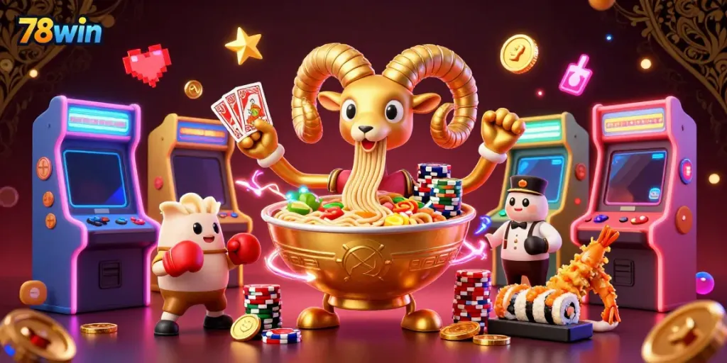 Experience thrilling casino action with 78win’s vibrant characters and gaming elements in a colorful 3D illustration.