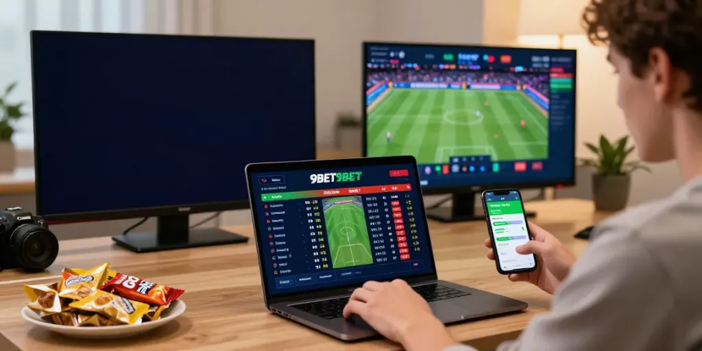 9BET user enjoying a live sports betting experience on their laptop, blending excitement with a vibrant atmosphere.