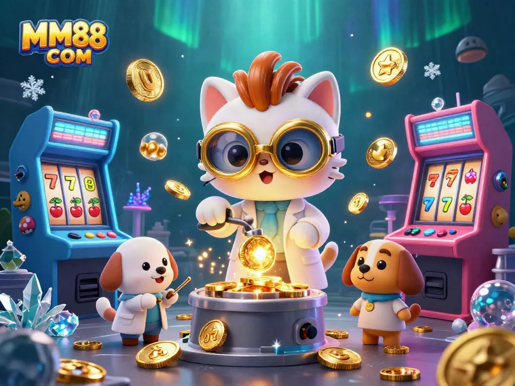 Engage with MM88 COM's colorful casino experience featuring a mad scientist cat and gaming elements.