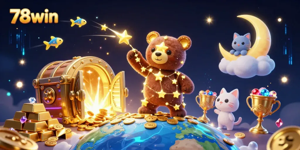 Experience thrilling wins at 78win with a stunning illustration of golden treasures and gaming elements.