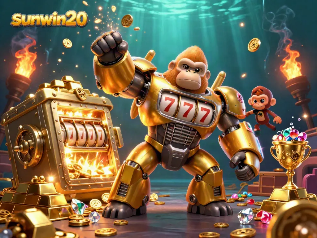 Experience the exciting world of sunwin20 with a golden gorilla mech and riches bursting with colors and detail.
