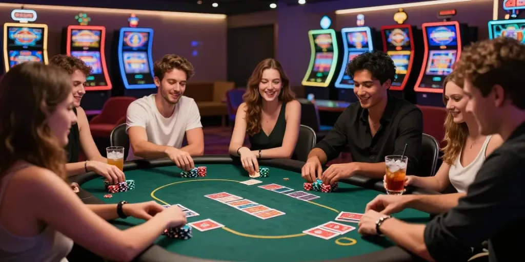 Exciting non Gamstop casino scene with friends enjoying a poker game.