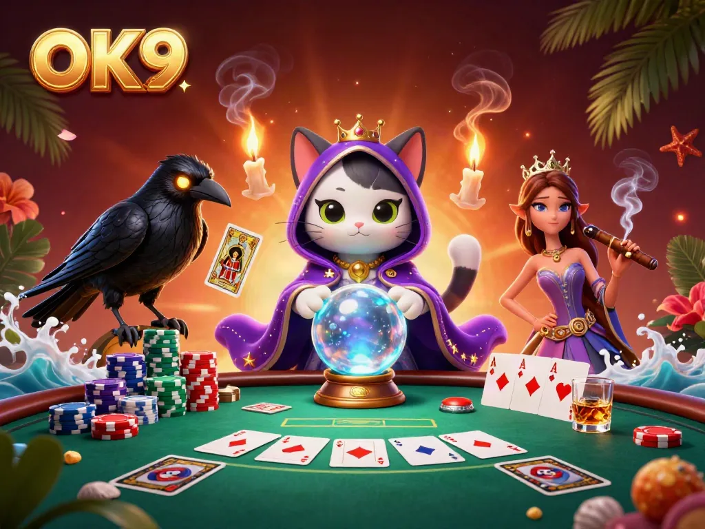 Experience thrilling gameplay at OK9 with a mystical cat and raven amid vibrant casino elements.