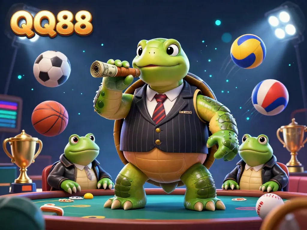 A vibrant 3D illustration showcasing QQ88 with a snapping turtle mobster and bullfrog enforcers in a dynamic casino scene.