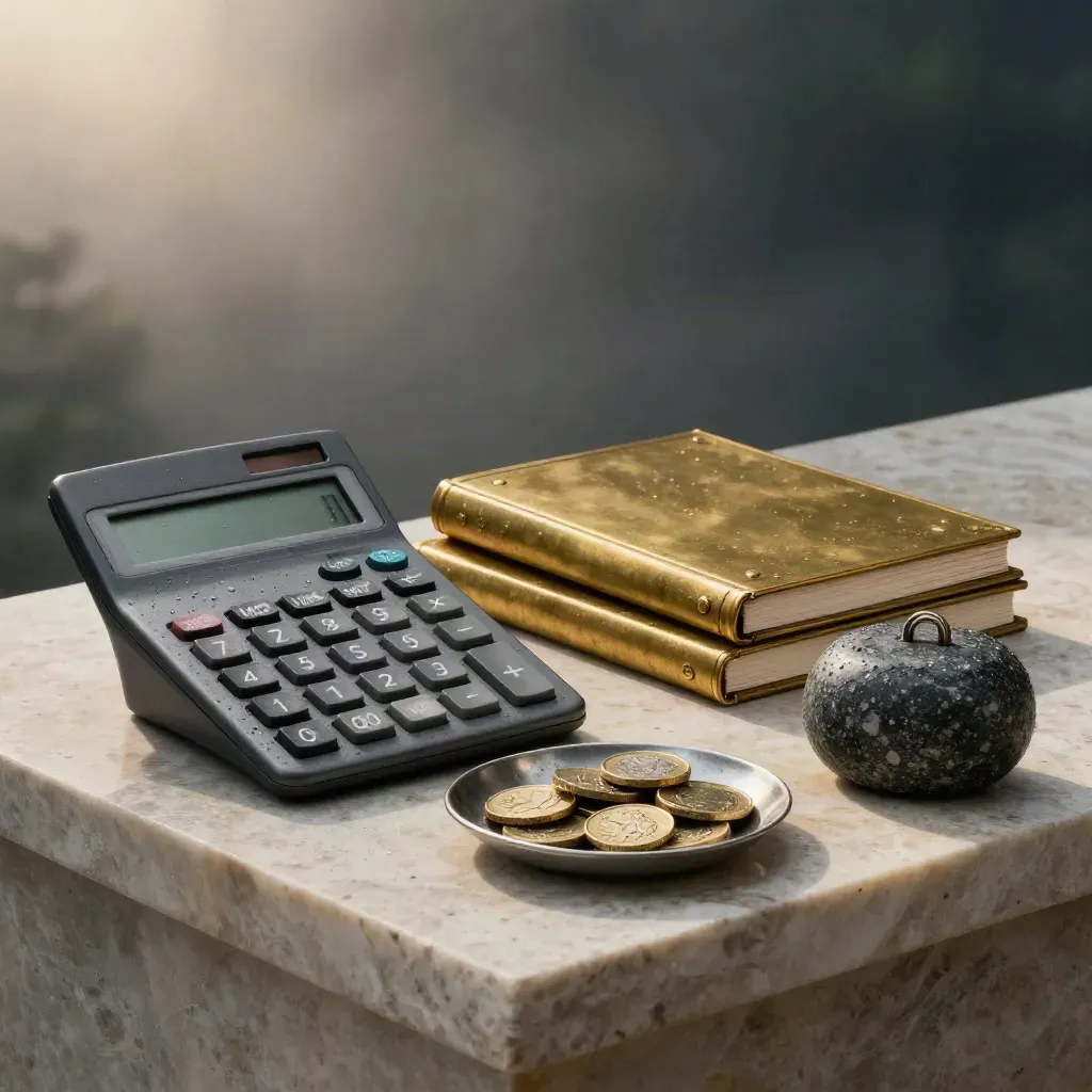 Moist graphite calculator, brass ledger, coin tray and stone paperweight on a rain-beaded plinth.