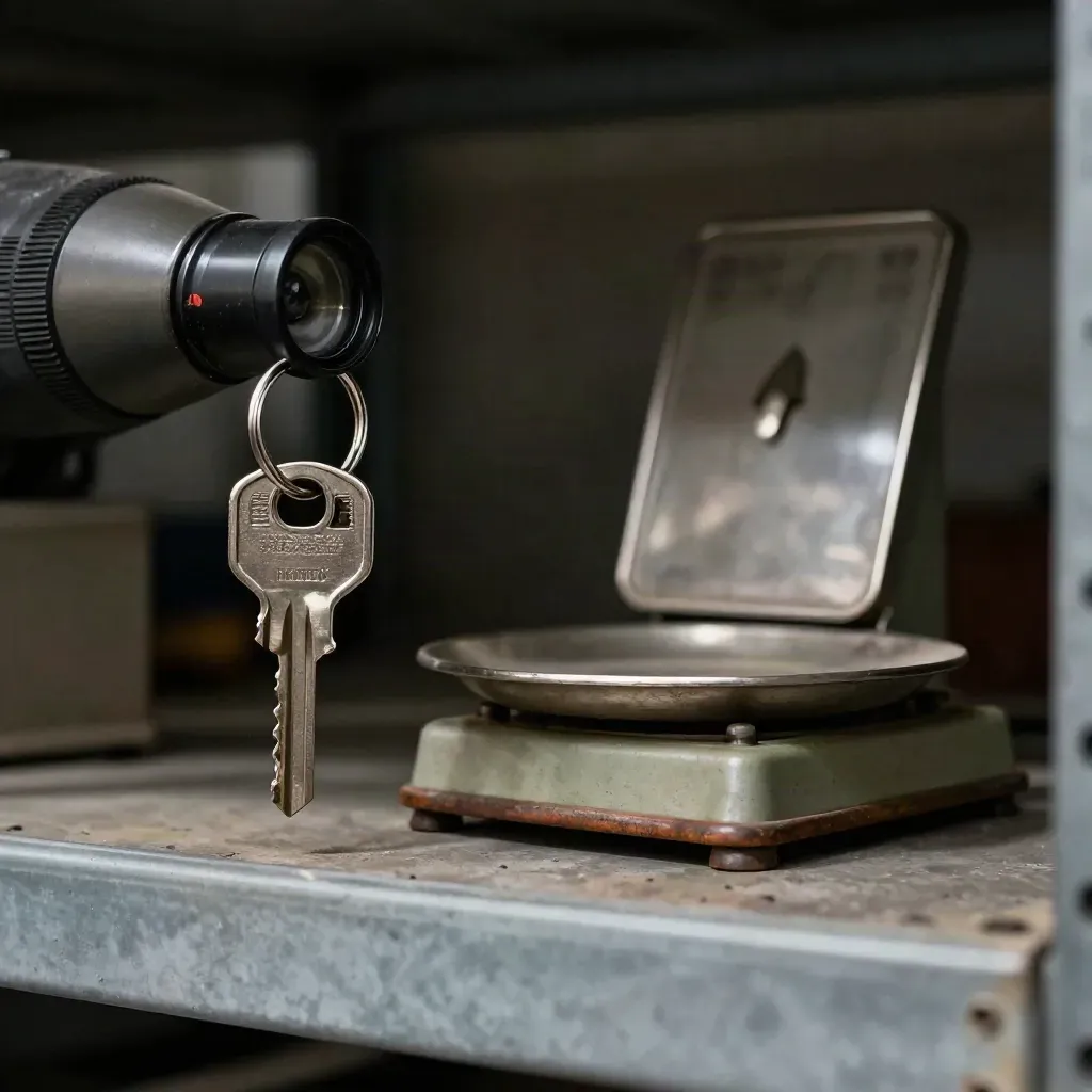 Warehouse key ring, parcel scale and metal bin tag on a dark shelf with hazy bokeh.