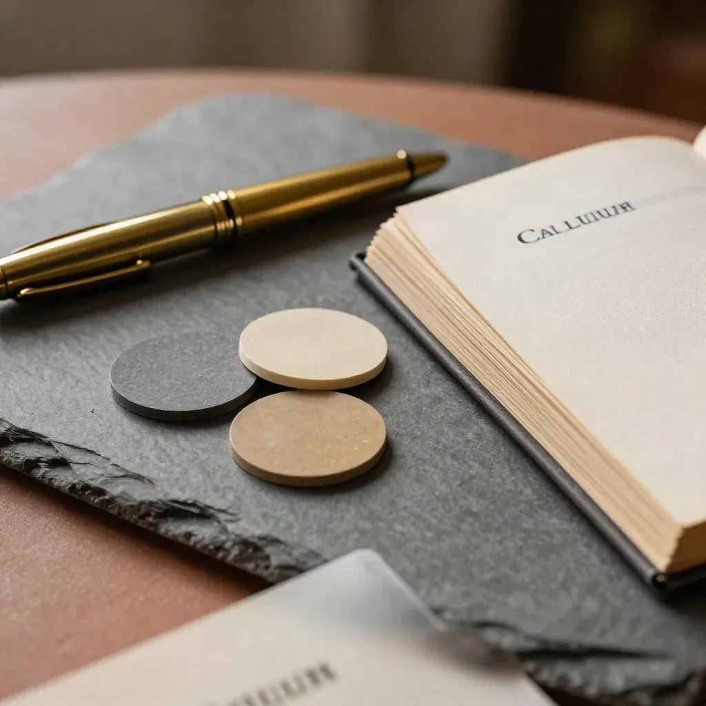 Brass pen, sample chips and a closed quote book on slate, seen through a blurred acetate edge.