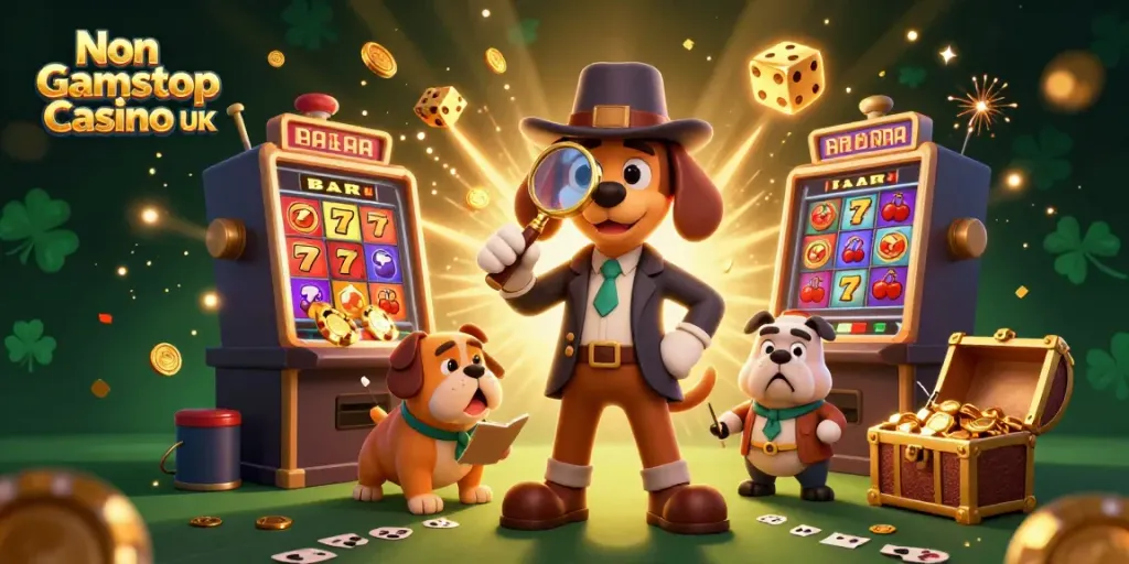 Action-packed scene of a Non Gamstop Casino UK with characters investigating a golden poker chip amidst casino-themed flourishes.