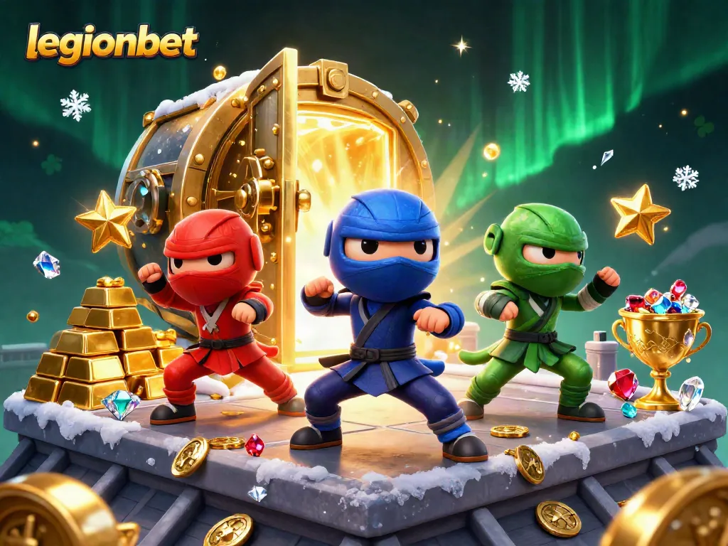 Experience the lively action at legionbet with ninja chameleons and treasure in a vibrant casino scene.