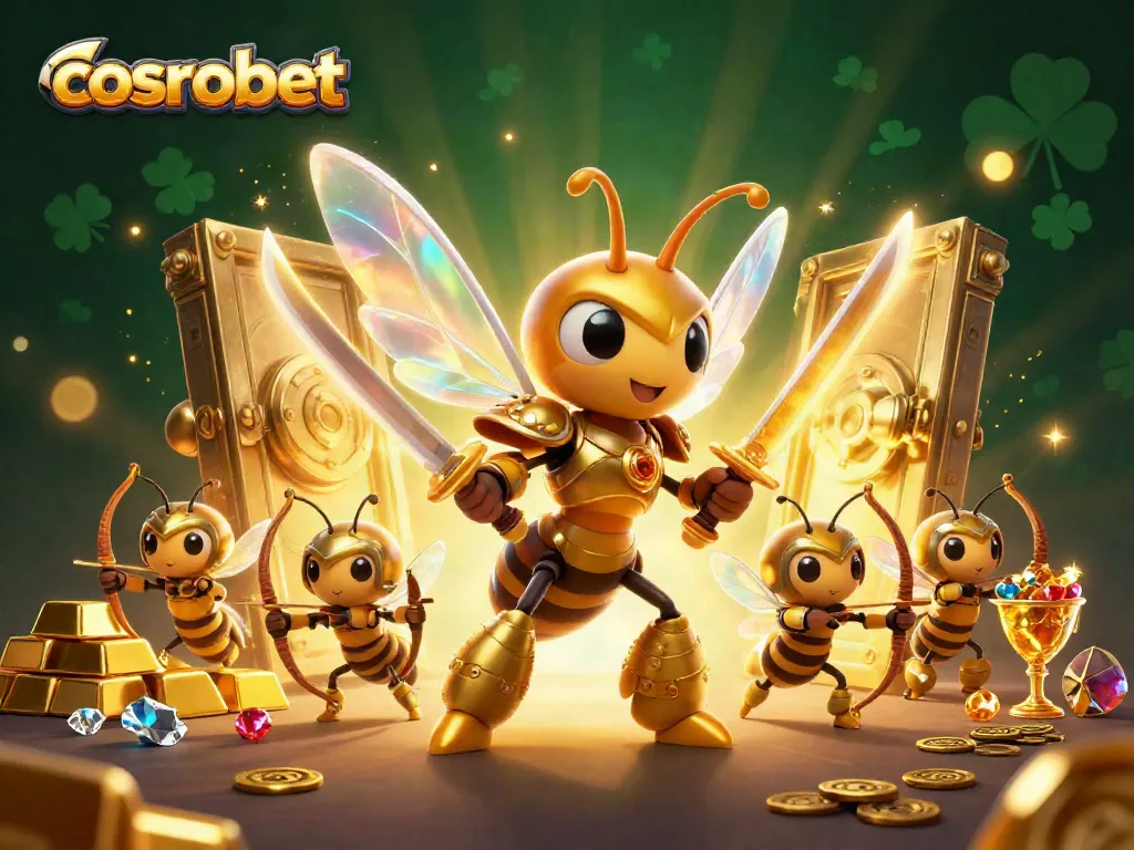 Engage with cosmobet in a vibrant 3D casino scene featuring a golden hornet and treasure.