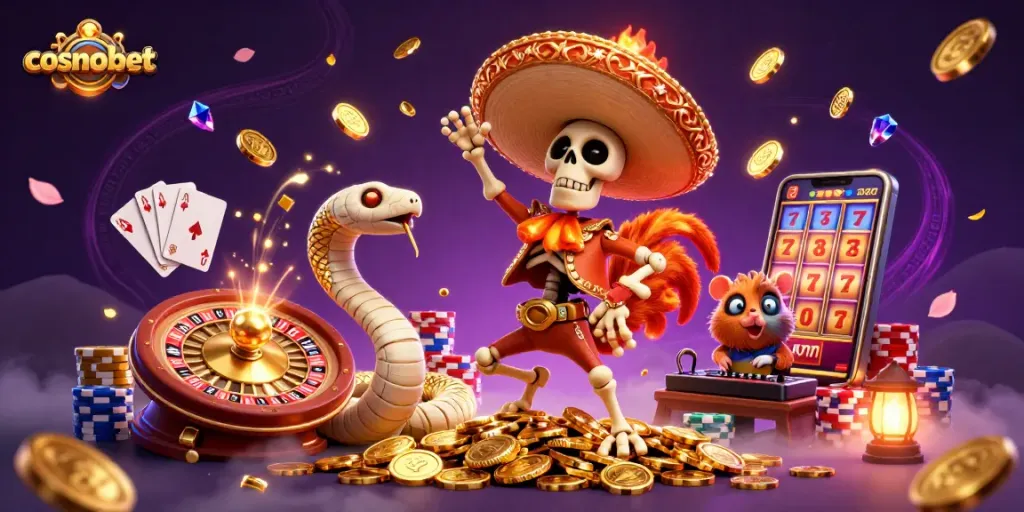 Join the exciting world of cosmobet with a lively casino scene featuring vibrant characters and games.
