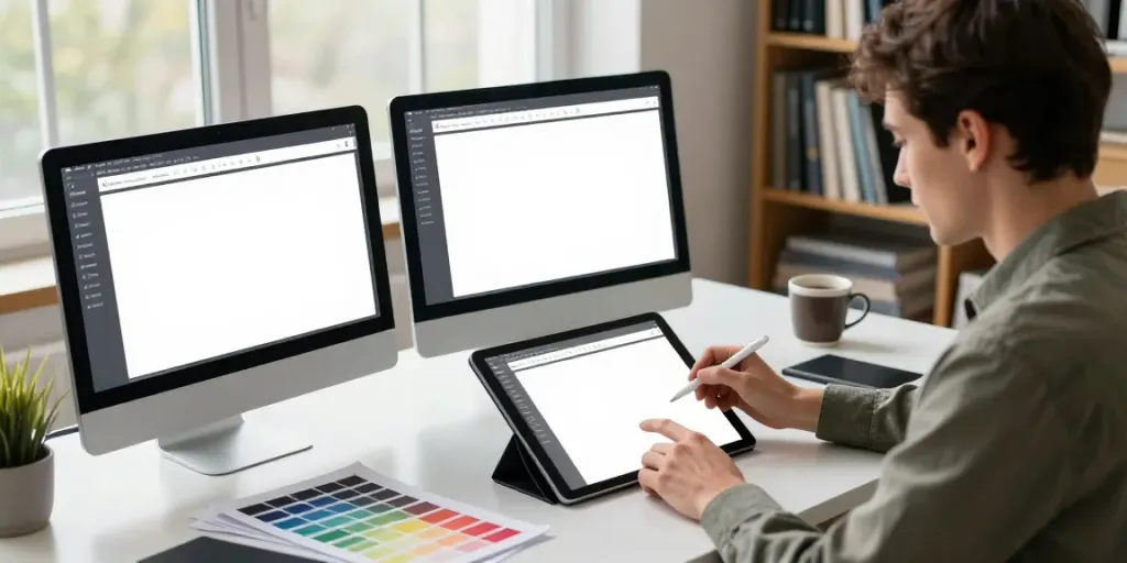 View publisher site files on professional workspace with multiple monitors and design elements
