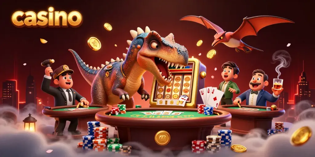 Casino scene with cartoon dinosaurs winning big at a slot machine, vibrant and dynamic action.