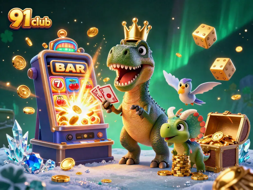Experience the thrill of 91 club with vibrant games and fun characters in a dynamic casino scene.
