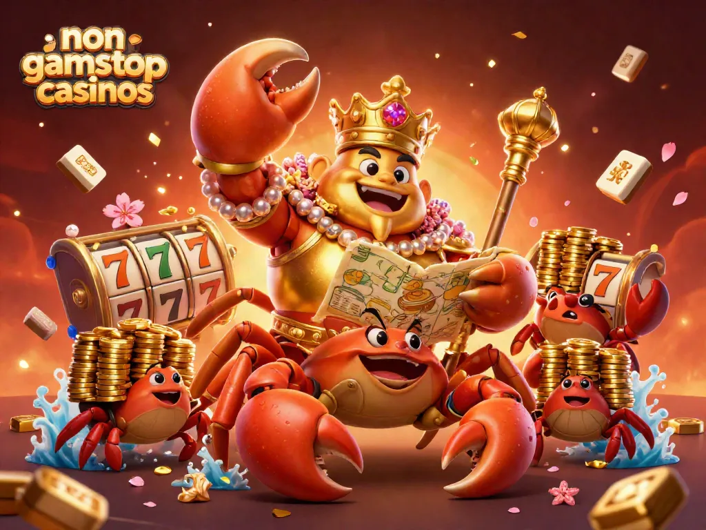 Experience the excitement of non gamstop casinos with a vibrant 3D illustration featuring a golden crab emperor surrounded by treasure.