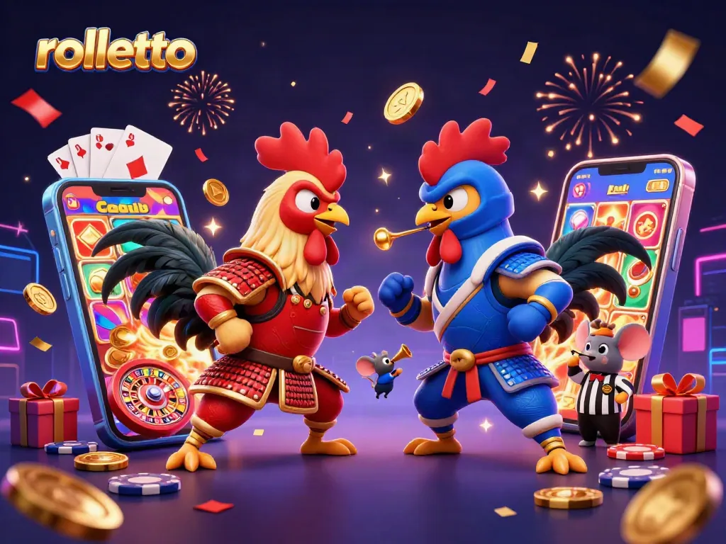 rolletto fighting roosters in a casino-themed illustration with vibrant gaming elements