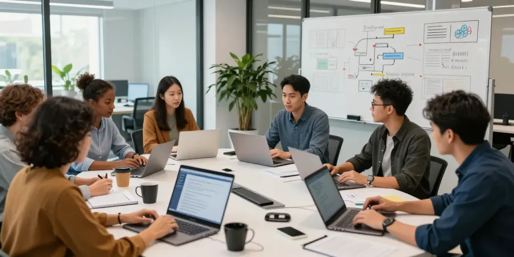 Team discussing instant indexing strategies in a modern tech office