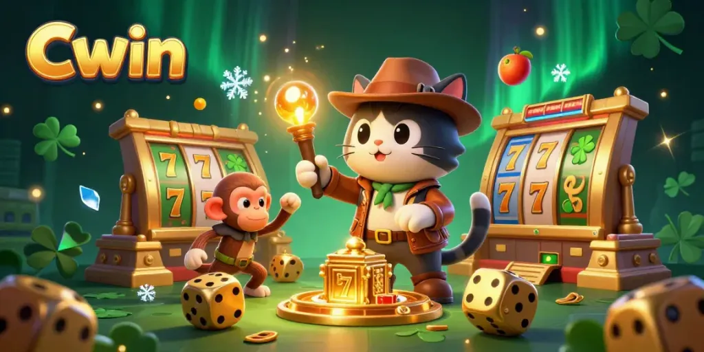 Catch the thrill of Cwin with a cartoon archaeologist cat uncovering casino treasures in a dynamic scene.