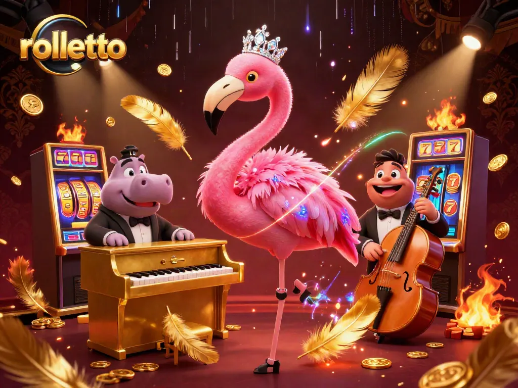 Engage with rolletto's vibrant casino atmosphere featuring a flamingo singer and hippo bassist.
